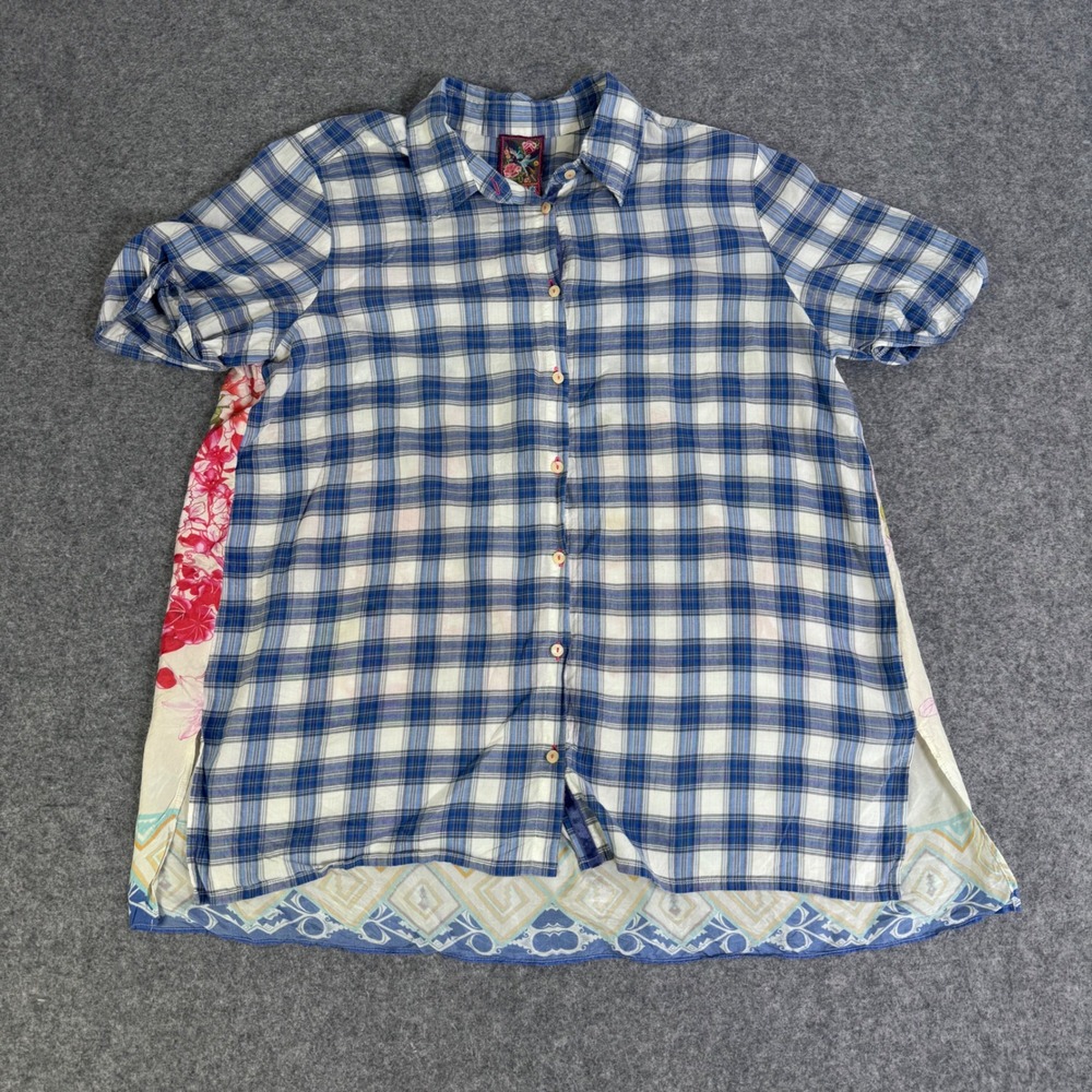 Johnny Was 3J Workshop Blue Plaid Floral Silk Back Button Down Shirt M